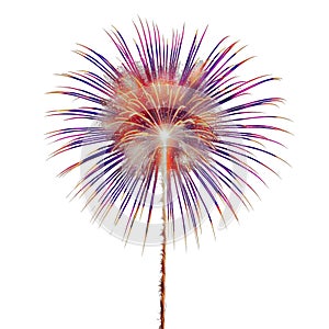 A firework is lit up in the sky, with a purple and orange flame