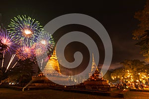 Firework in Loykratong and candle festival at Sukhothai province, Thailand