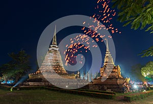 Firework in Loykratong and candle festival at Sukhothai province, Thailand