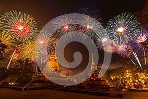 Firework in Loykratong and candle festival at Sukhothai province, Thailand