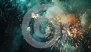 Firework over the blue sky at night, white, and green