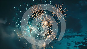 Firework over the blue sky at night, white, and green