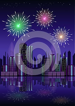 Firework over city at night with reflection in water