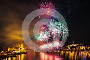 Firework over Danube river in Budapest, Hungary