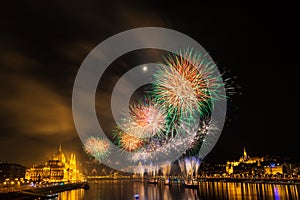 Firework over Danube river in Budapest, Hungary