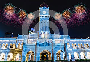 Firework over Merdeka Square in downtown Kuala Lumpur at night i