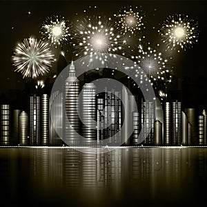 Firework over night city with reflection in river. Vector town w
