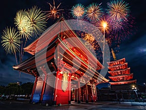 Firework over Sensoji temple at night in Asakusa, Tokyo