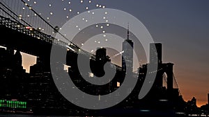 Firework over the sunset background Manhattan island in New York Independence Day aerial view city blurred lights