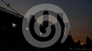 Firework over the sunset background Manhattan island in New York Independence Day aerial view city blurred lights