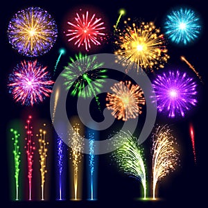 Firework realistic style celebration holiday event night explosion light festive party vector illustration lights