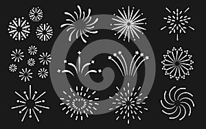 Firework salute firecracker, sparkle line icon set