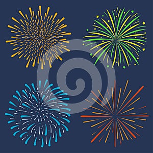 Firework set. Collection of festive bursting, celebration explosion, anniversary salute isolated on dark background. Vector.