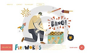 Firework Show, Safety and Danger Prevention Landing Page Template. Male Character Burn Wick from Fireworks for Christmas