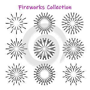 Firework or sunbursts black collection. Vector set of retro explosion rays design elements. Burst pattern firecracker.