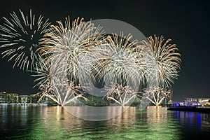 Fireworks above the lake in Yas Bay for 50th Golden Jubilee UAE National Day celebrations in Abu Dhabi