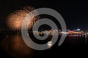 Fireworks in Abu Dhabi for celebrating public islamic holiday Eid Al Fitr