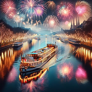 Fireworks Afloat: River Cruise Ship Amidst Celebration
