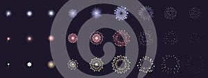 Fireworks animation. Animated firework explosion frames, party firecracker explosion storyboards. Fireworks explosions