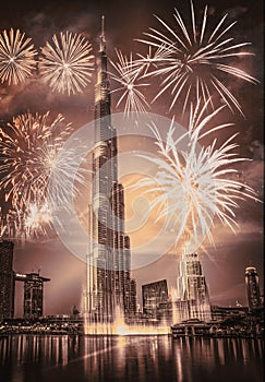 fireworks around Burj Khalifa - exotic New Year destination, Dubai, UAE