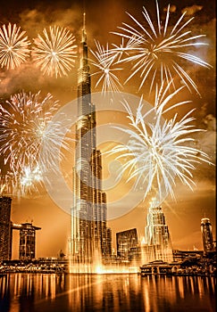 fireworks around Burj Khalifa - exotic New Year destination, Dubai, UAE