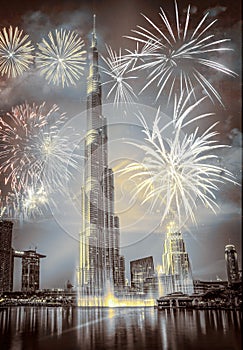 fireworks around Burj Khalifa - exotic New Year destination, Dubai, UAE