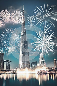 fireworks around Burj Khalifa - exotic New Year destination, Dubai, UAE