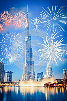 fireworks around Burj Khalifa - exotic New Year destination, Dubai, UAE