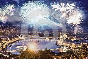 fireworks around Hungarian parliament-  New Year, Budapest