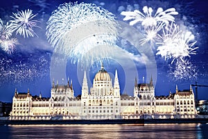 fireworks around Hungarian parliament-  New Year, Budapest