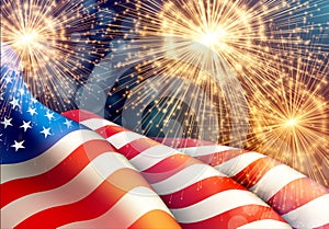 Fireworks background for 4th of July Independense Day with american flag. Vector illustration