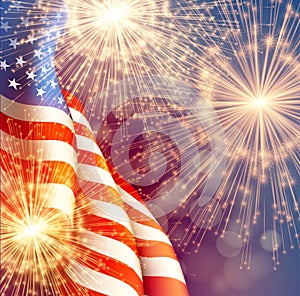 Fireworks background for 4th of July Independense Day with american flag. Vector illustration