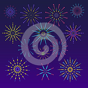 Fireworks background in flat style. Celebration design for holidays. Winner banner, festival decorations. Vector illustration