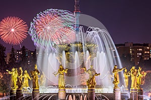 Fireworks on the background of fountain Friendship of People