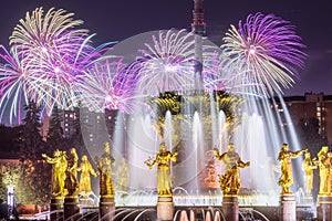 Fireworks on the background of fountain Friendship of People