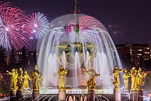 Fireworks on the background of fountain Friendship of People