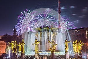 Fireworks on the background of fountain Friendship of People