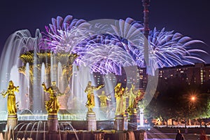 Fireworks on the background of fountain Friendship of People