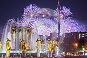 Fireworks on the background of fountain Friendship of People