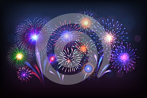 Fireworks background. Party celebration light with golden sparkles and colorful shining, Vector poster with salute on