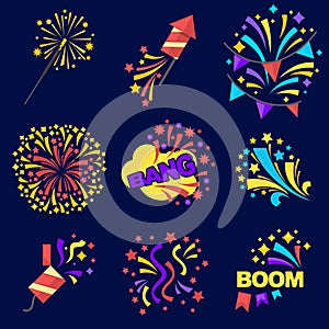 Fireworks Bangs Collection on Dark Blue Background