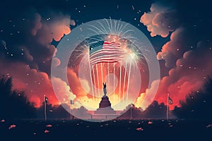 fireworks behind the statue of liberty for independence day. Patriotic postcard. 4th of July
