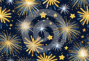 fireworks in a blue sky with stars and yellow stars