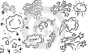 Fireworks boom explosion cloud sparks stars sketch doodle black lines on white background elements hand drawn