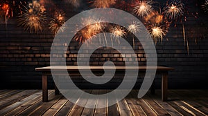 Fireworks on brown wood texture New Year background