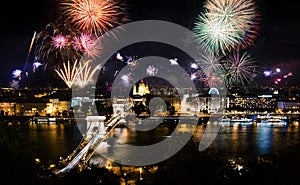 Fireworks in Budapest over the city and chain bridge