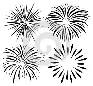 Fireworks burst silhouette icon set. Holiday sparkle fall after petard explosion. Vector collection of happy new year black symbol