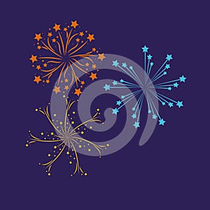 Fireworks bursting in glowing multi colours on purple background