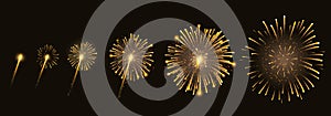 Fireworks bursting in various shapes. Firework explosion in night. Firecracker rockets bursting in big sparkling star