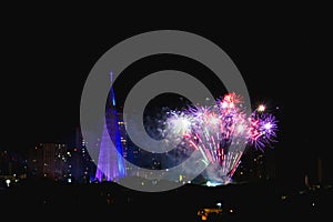 Fireworks in the catheral of Maringa, Parana, Brazil photo